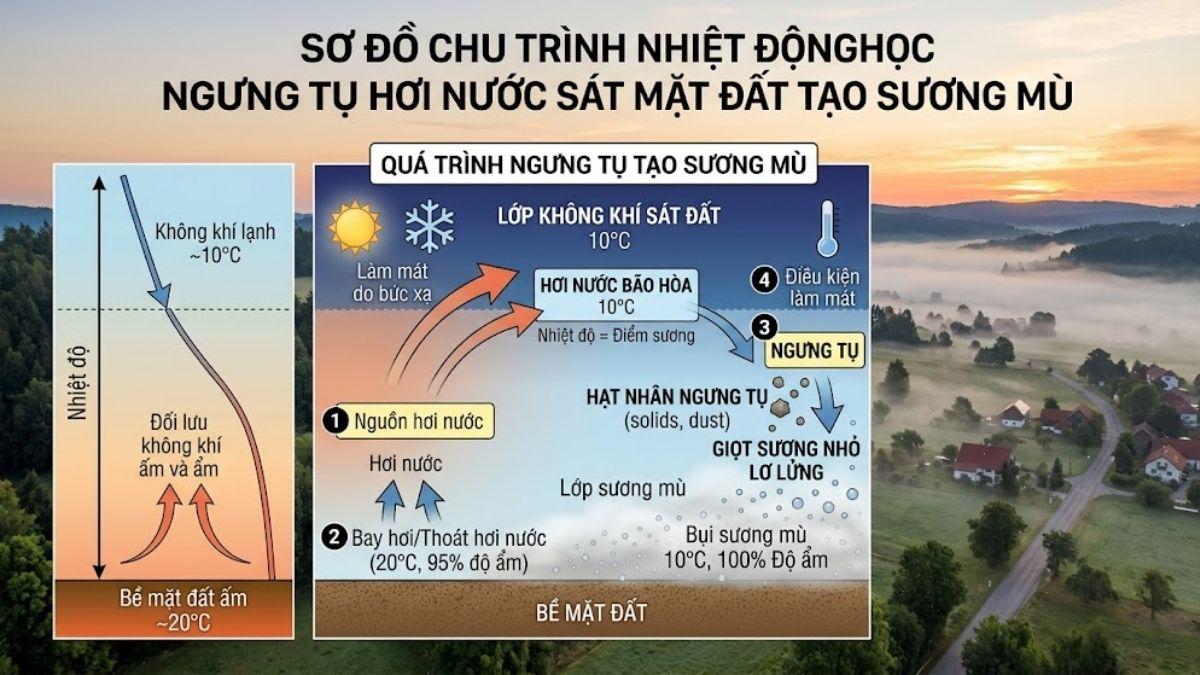 Sơ đồ chu trình nhiệt động học ngưng tụ hơi nước sát mặt đất tạo sương mù