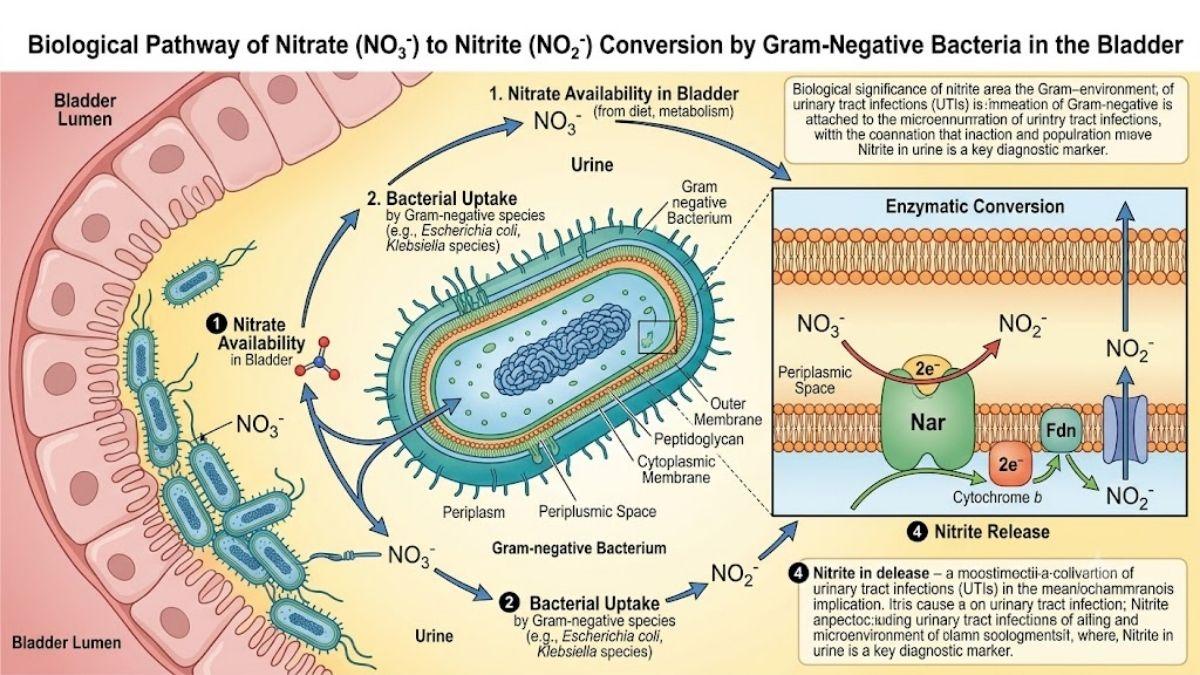 Sơ đồ chu trình khử hóa Nitrate thành Nitrite sinh học bởi enzyme của vi khuẩn Gram âm trong bàng quang