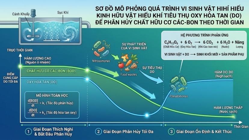 Sơ đồ mô phỏng quá trình vi sinh vật hiếu khí tiêu thụ oxy hòa tan DO để phân hủy chất hữu cơ hữu cơ carbon theo thời gian