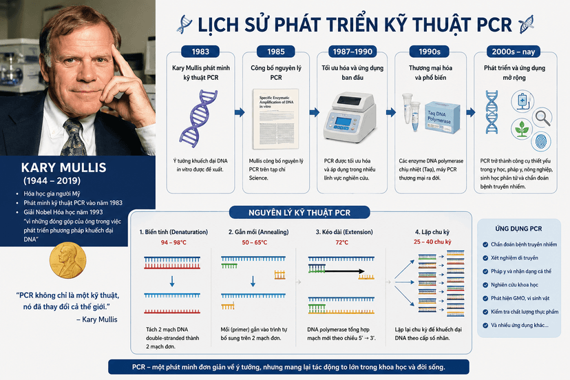 Chân dung nhà khoa học Kary Mullis và sơ đồ lịch sử phát triển kỹ thuật PCR