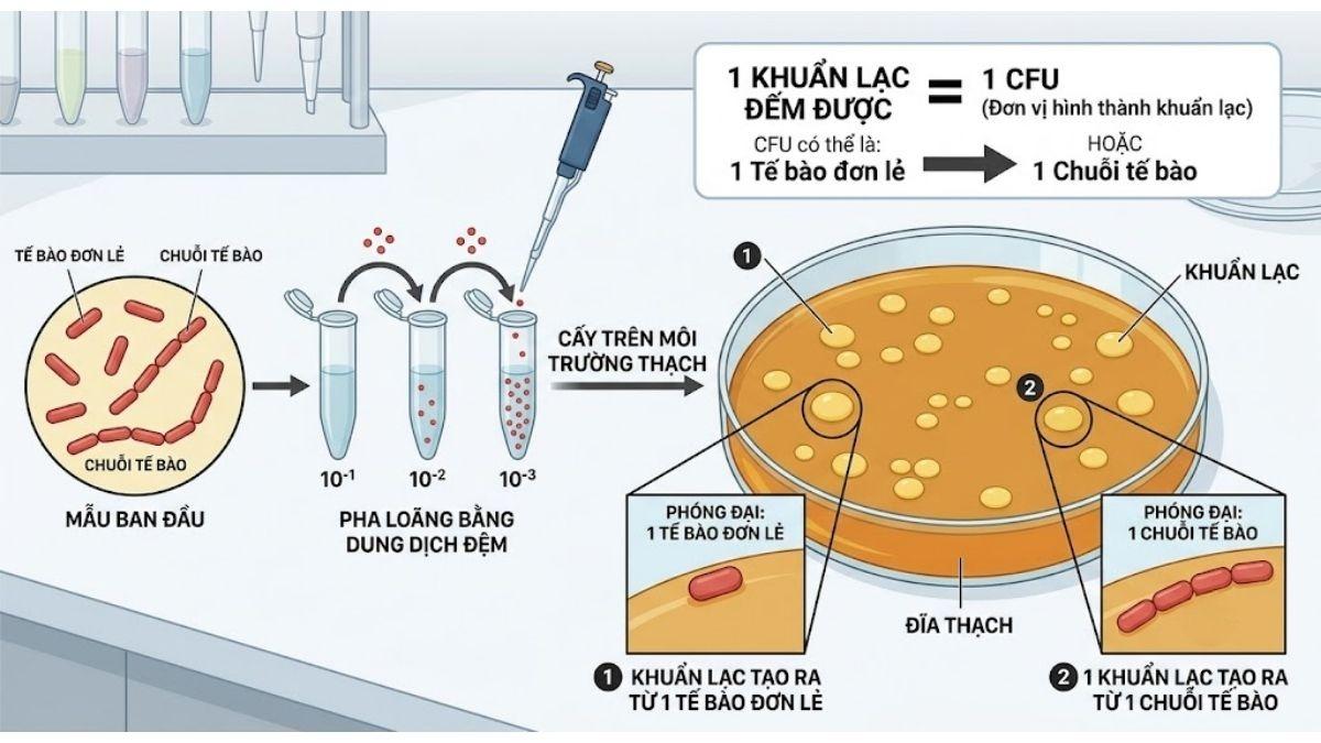 Minh họa nguyên lý đếm 1 khuẩn lạc tương ứng 1 CFU từ chuỗi tế bào