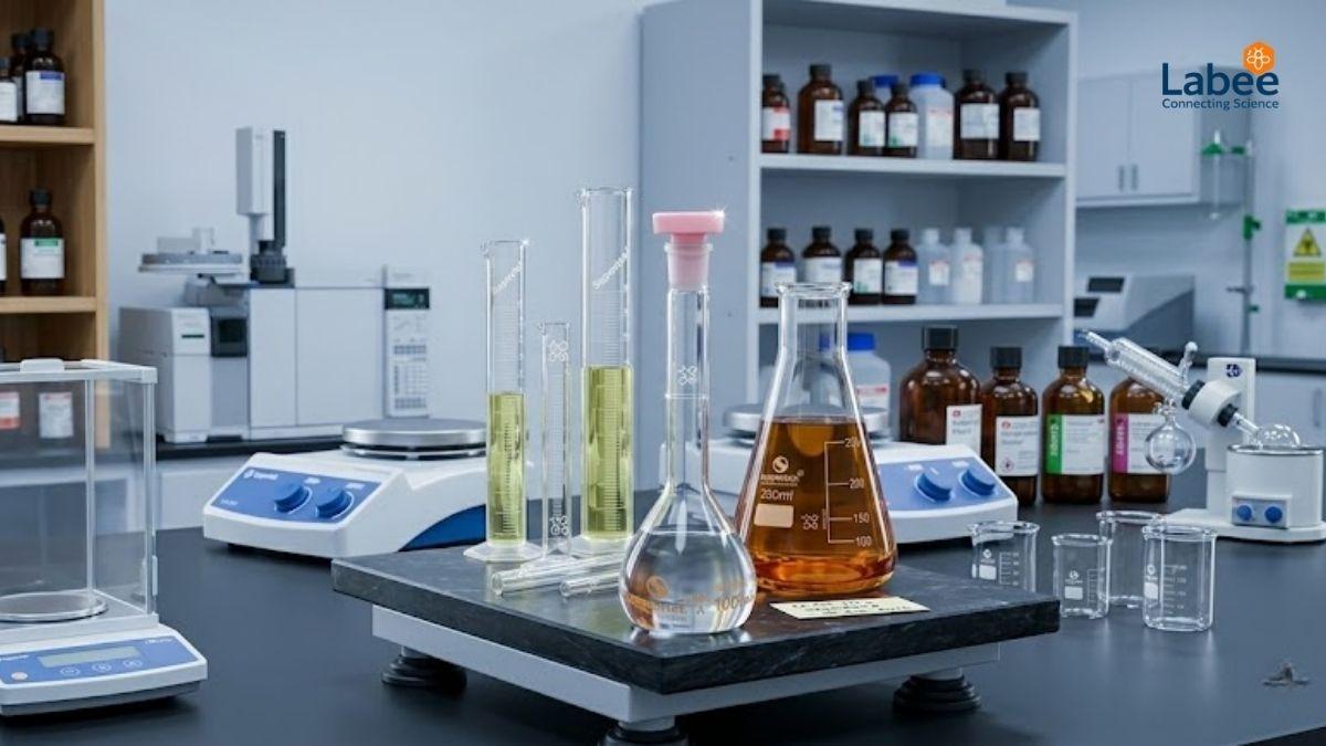 Cận cảnh các bình định mức và ống đong thủy tinh đạt chuẩn đặt trên bàn chống rung