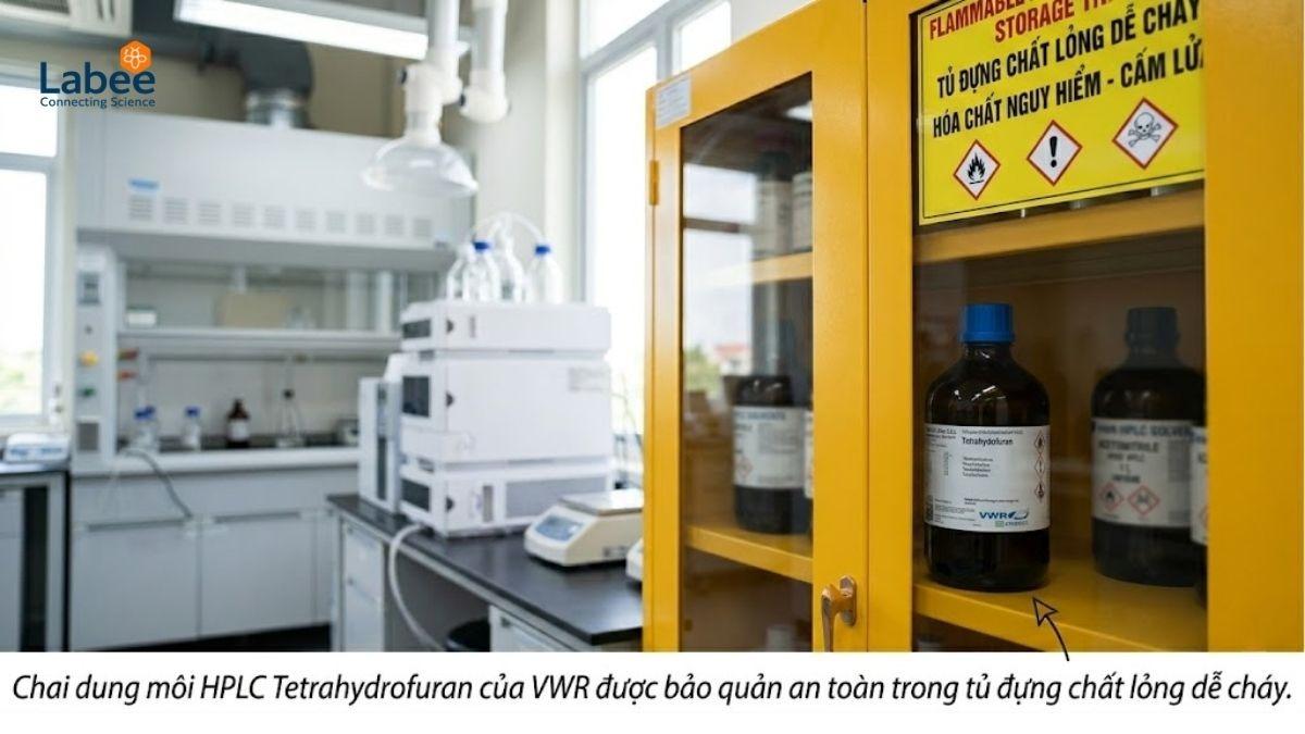 Kệ lưu trữ hóa chất tinh khiết trong phòng thí nghiệm với nhãn mác rõ ràng (VWR, TCI)