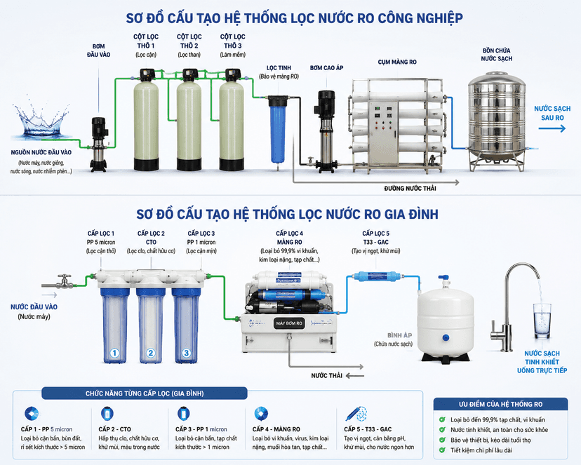 Sơ đồ cấu tạo hệ thống lọc nước RO công nghiệp và gia đình