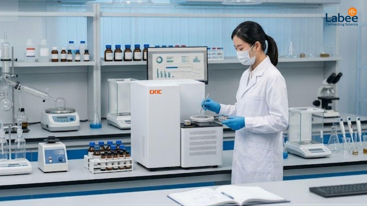 Kỹ thuật viên đang nạp mẫu vào hệ thống máy phân tích nguyên tố CHNS tự động