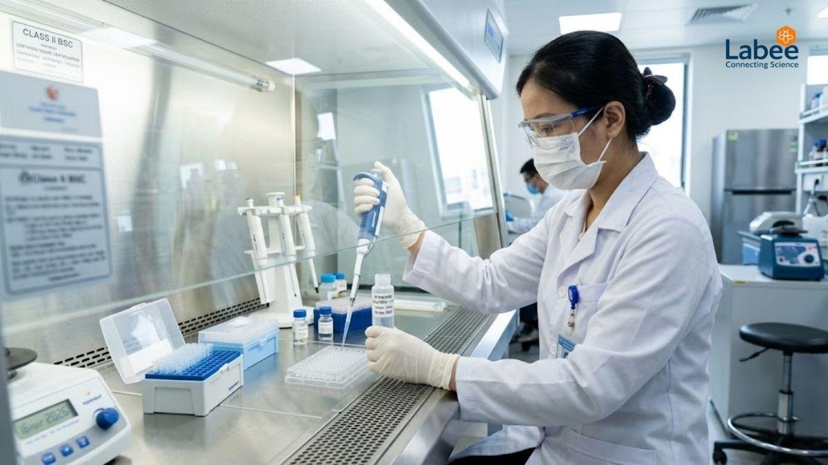 Kỹ thuật viên dùng micropipette định lượng hóa chất chuẩn trong tủ an toàn sinh học
