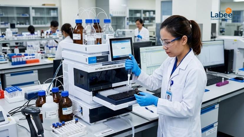 Kỹ thuật viên phòng thí nghiệm đang chuẩn bị mẫu trên hệ thống máy phân tích tự động tại phòng QA/QC