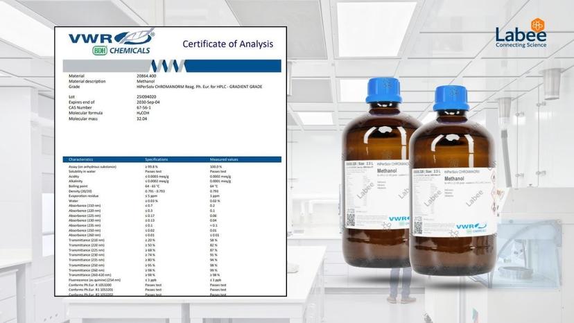 Lọ hoá chất Methanol for HPLC LC-MS Grade của thương hiệu VWR kèm theo giấy chứng nhận COA