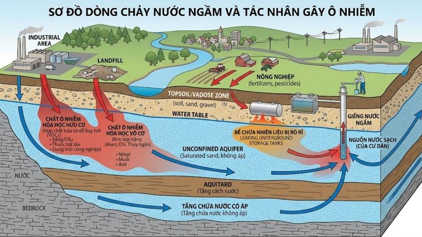 Sơ đồ dòng chảy nước ngầm và các tác nhân gây ô nhiễm hóa học hữu cơ và vô cơ