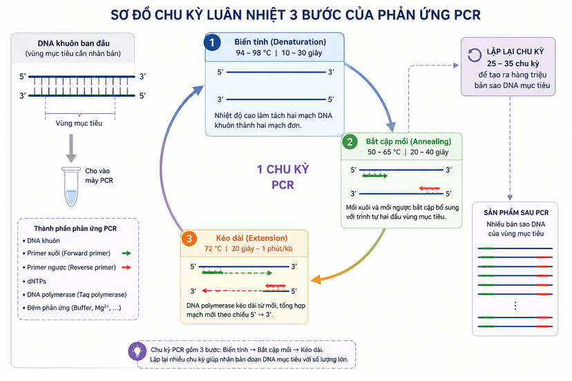Sơ đồ chu kỳ luân nhiệt 3 bước của phản ứng PCR