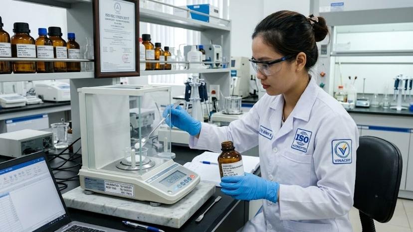 Kỹ thuật viên phòng thí nghiệm đang cân hóa chất khan trên cân phân tích đạt chuẩn ISO 17025