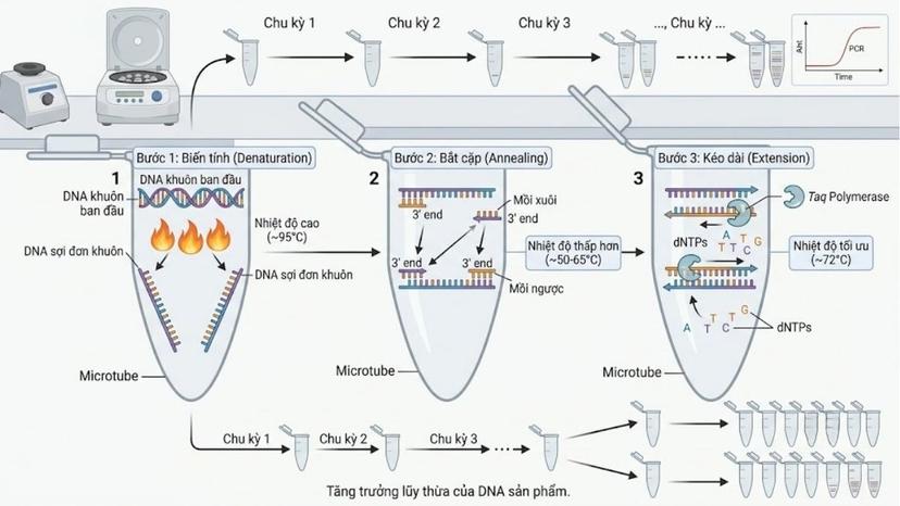 Mô hình 3D phản ứng PCR khuếch đại chuỗi DNA trong ống microtube