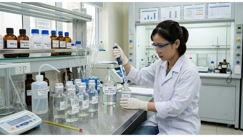 Thao tác kỹ thuật viên phòng thí nghiệm thực hiện chuẩn bị mẫu nước đo BOD