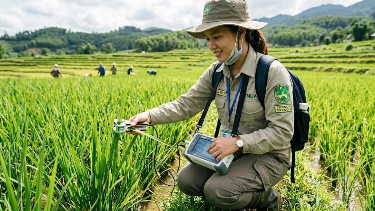 Kỹ thuật viên vận hành thiết bị phân tích quang hợp cầm tay tại thực địa