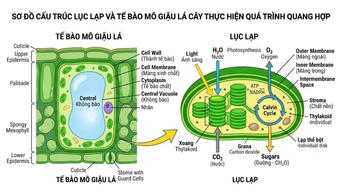 Sơ đồ cấu trúc lục lạp và tế bào mô giậu lá cây thực hiện quá trình quang hợp