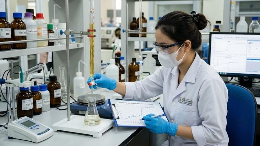 Kỹ sư phòng thí nghiệm thực hiện quy trình kiểm tra hàm lượng nitrat bằng test kit và máy đo quang phổ
