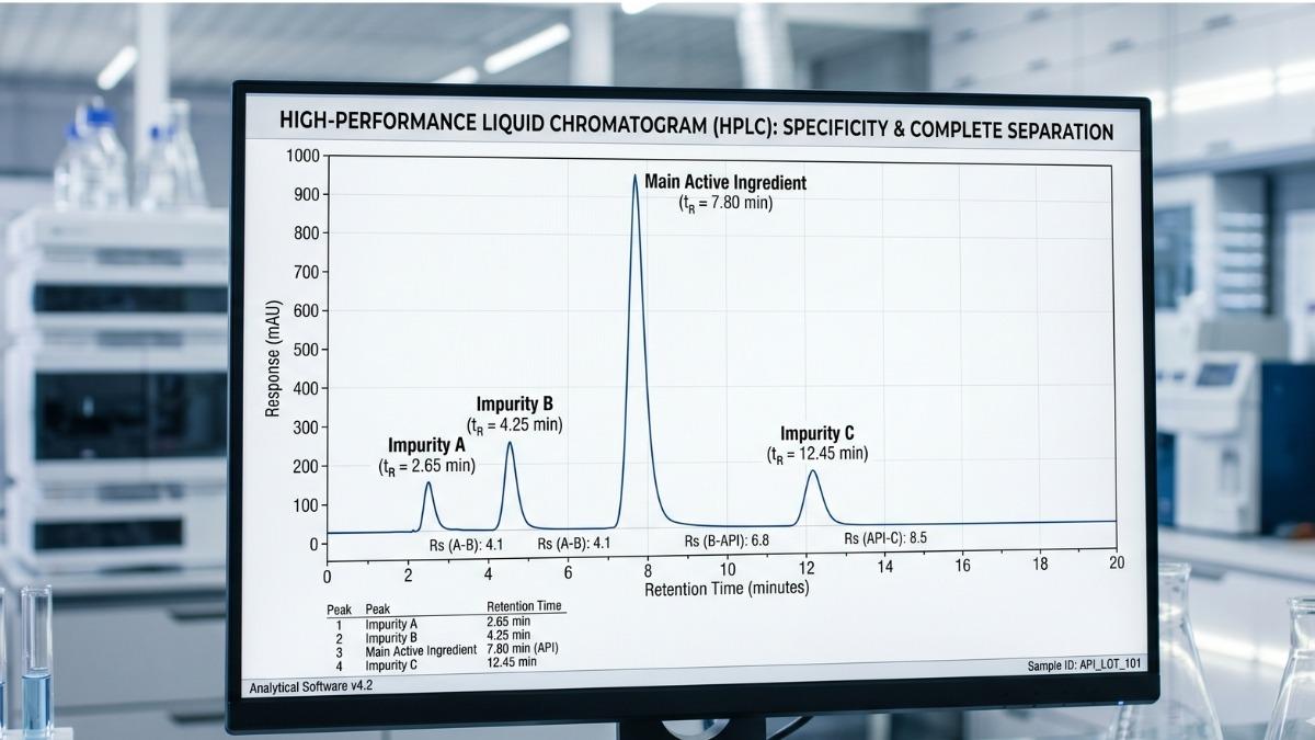 Biểu đồ sắc ký đồ (Chromatogram) minh họa độ đặc hiệu, tách biệt hoàn toàn peak của hoạt chất chính và 3 loại tạp chất khác nhau