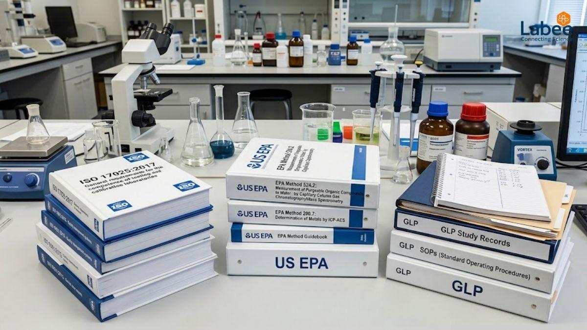 Hình ảnh các bộ tài liệu tiêu chuẩn ISO, US EPA, GLP được xếp trên bàn làm việc trong phòng Lab