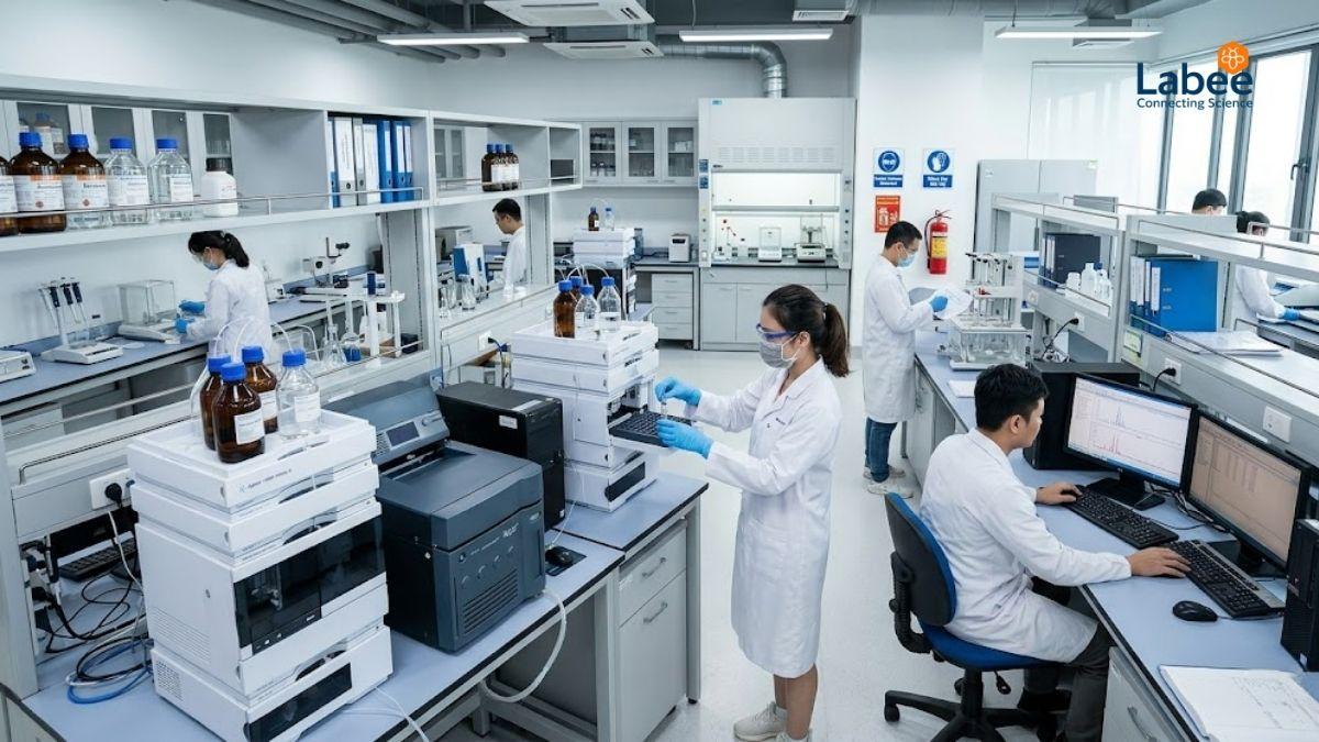 Tổng quan một phòng thí nghiệm phân tích dược phẩm hiện đại với hệ thống máy HPLC và nhân viên đang thao tác