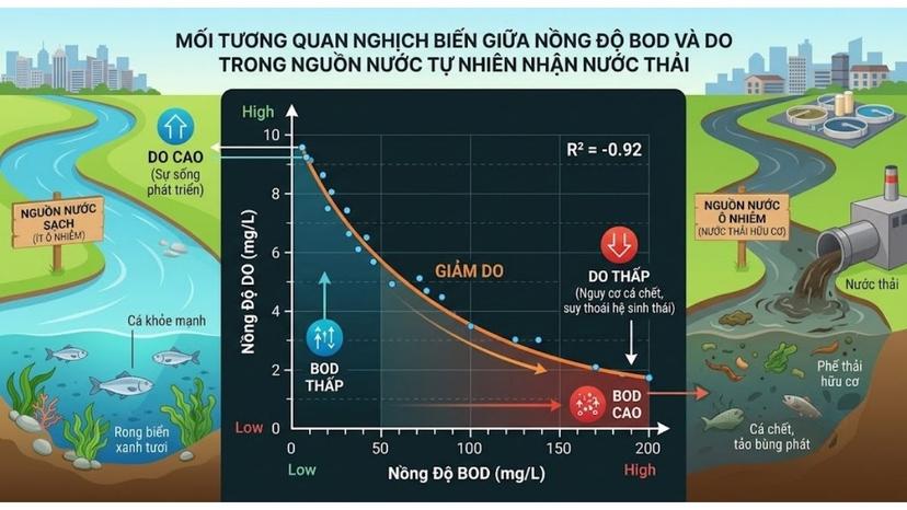 Biểu đồ thể hiện mối tương quan nghịch biến giữa nồng độ BOD và lượng DO trong nguồn nước tự nhiên nhận nước thải