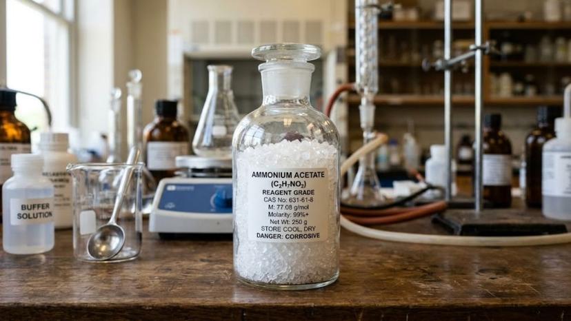 Tinh thể Ammonium Acetate tinh khiết trong lọ thủy tinh phòng thí nghiệm