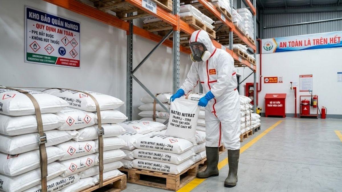 Trang bị bảo hộ PPE và kho bảo quản NaNO3 an toàn