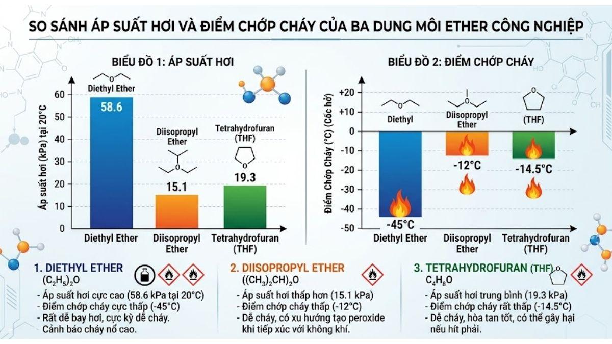 Biểu đồ so sánh áp suất hơi và điểm chớp cháy của ba dung môi ether công nghiệp