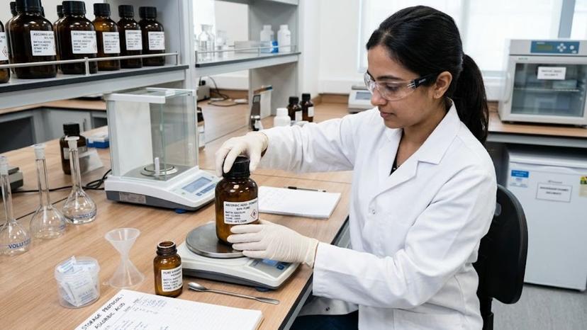 Quy trình bảo quản Axit Ascorbic trong lọ thủy tinh tối màu đậy kín