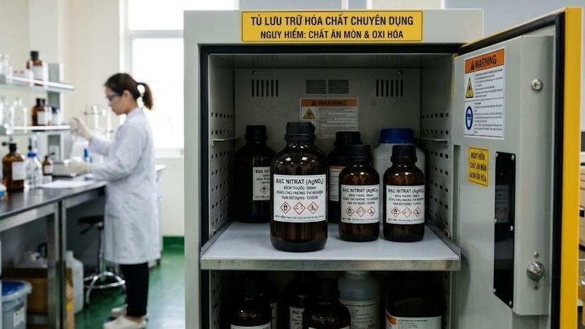 Lưu trữ chai hóa chất AgNO3 tối màu trong tủ chuyên dụng