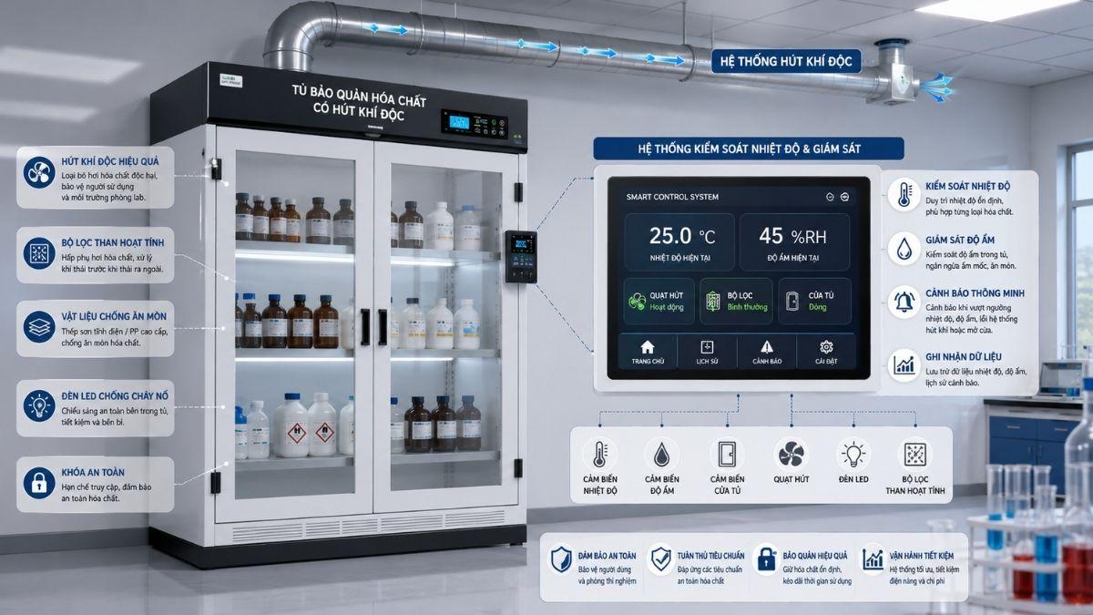 Tủ bảo quản hóa chất có hút khí độc và hệ thống kiểm soát nhiệt độ tại phòng lab