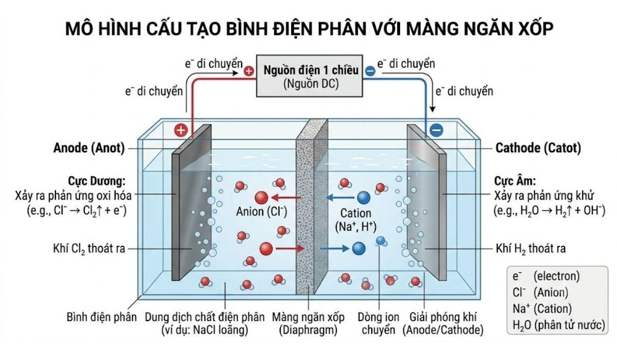 Mô hình cấu tạo bình điện phân với Nguồn DC, Anode, Cathode và màng ngăn xốp