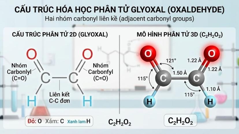 Cấu trúc hóa học phân tử Glyoxal dạng 2D và 3D với hai nhóm carbonyl liên kề