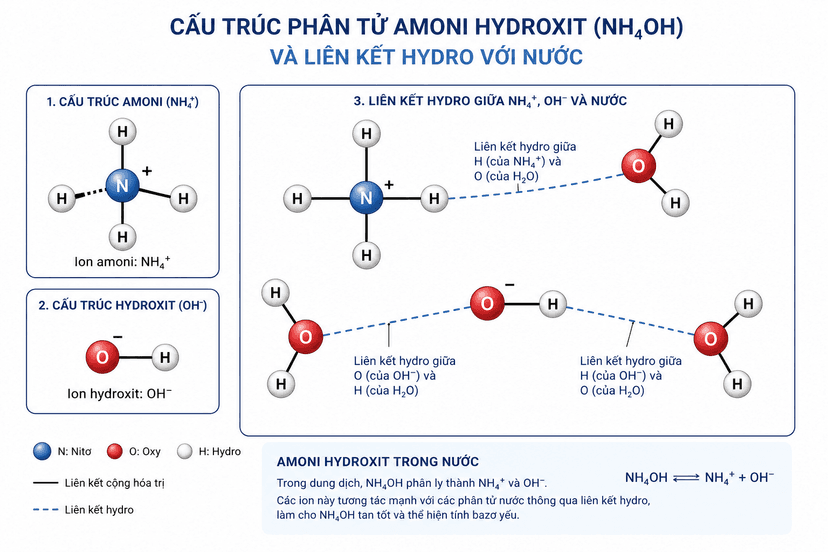 Mô hình cấu trúc phân tử của Amoni Hydroxit và liên kết hydro với nước