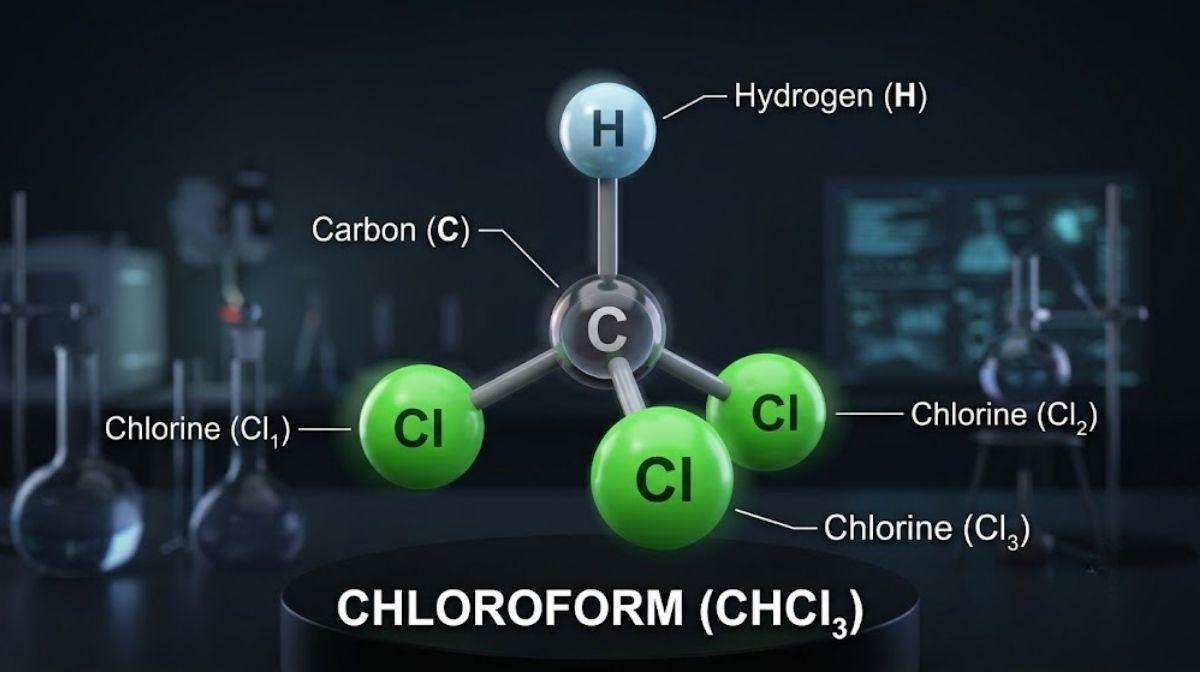 Công thức cấu tạo 3D của phân tử Chloroform với nguyên tử Carbon trung tâm liên kết với 3 nguyên tử Clo và 1 nguyên tử Hydro
