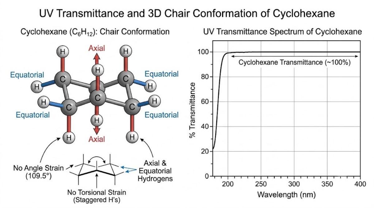 Mô hình phân tử 3D cấu trúc dạng ghế (chair conformation) của Cyclohexane và độ truyền suốt UV
