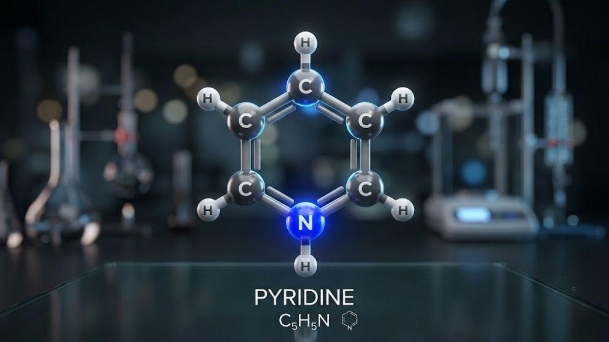 Đồ họa 3D cấu trúc phân tử Pyridine với nguyên tử Nitơ nổi bật màu xanh dương