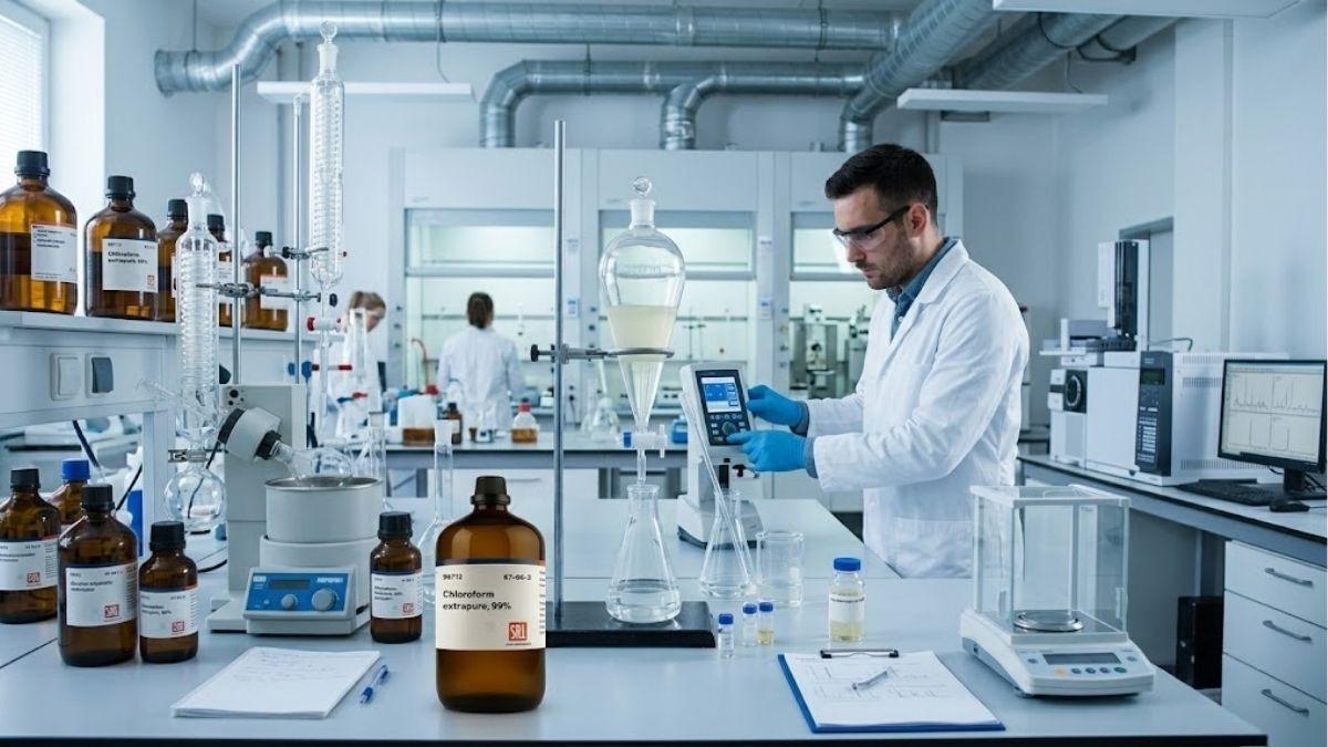 Kỹ thuật viên đang tiến hành chiết tách lipid sử dụng phễu lắng và dung môi Chloroform