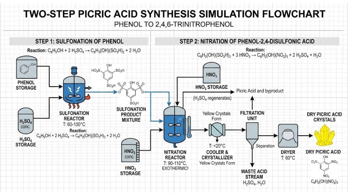 Sơ đồ dòng công nghệ mô phỏng hai bước phản ứng điều chế Axit Picric