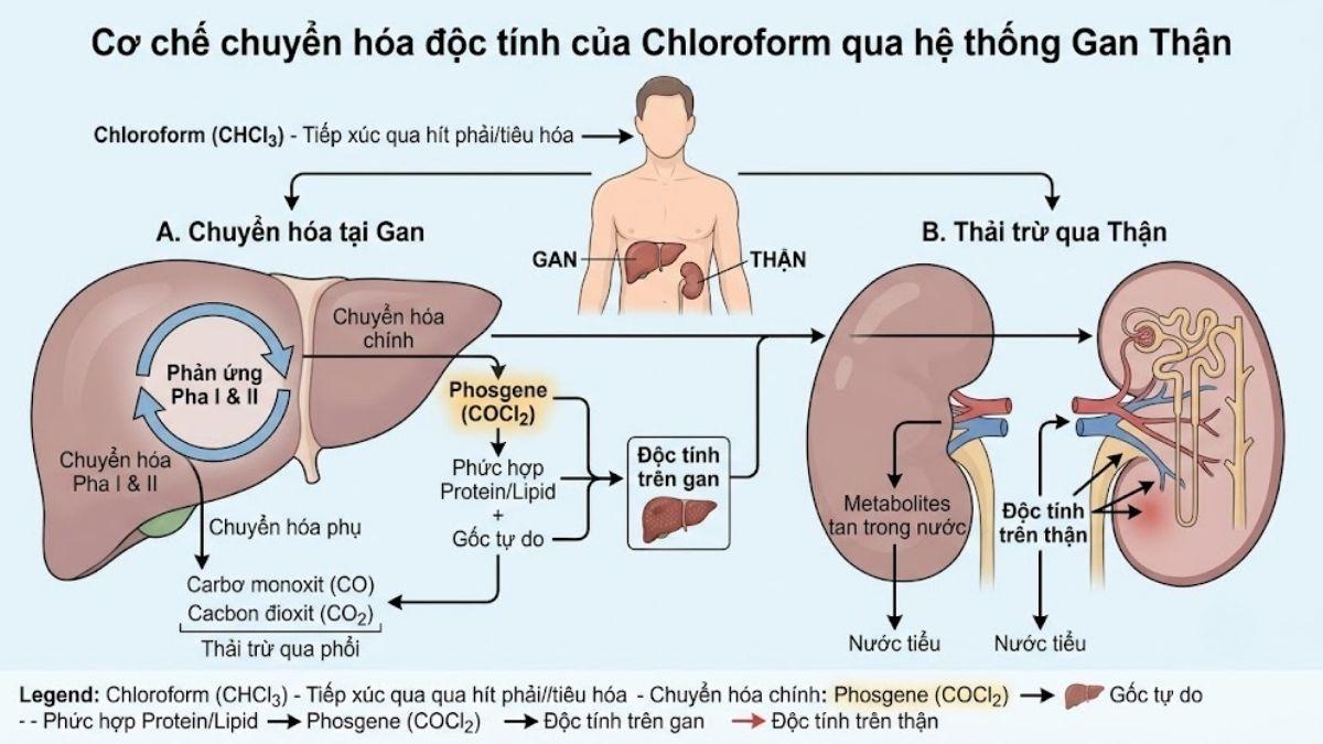 Sơ đồ mô tả cơ chế chuyển hóa độc tính của Chloroform trong cơ thể người qua hệ thống gan thận