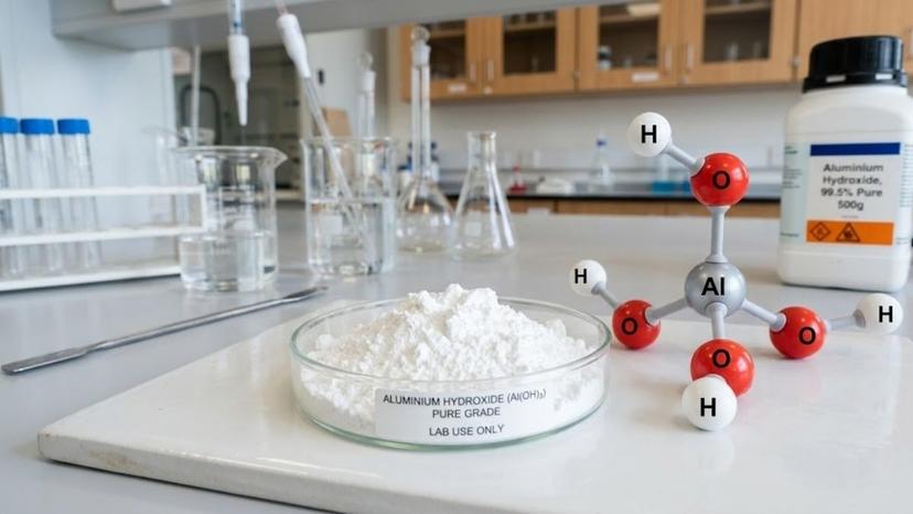 Bột Aluminium Hydroxide tinh khiết trong đĩa Petri phòng thí nghiệm kèm mô hình phân tử Al(OH)3