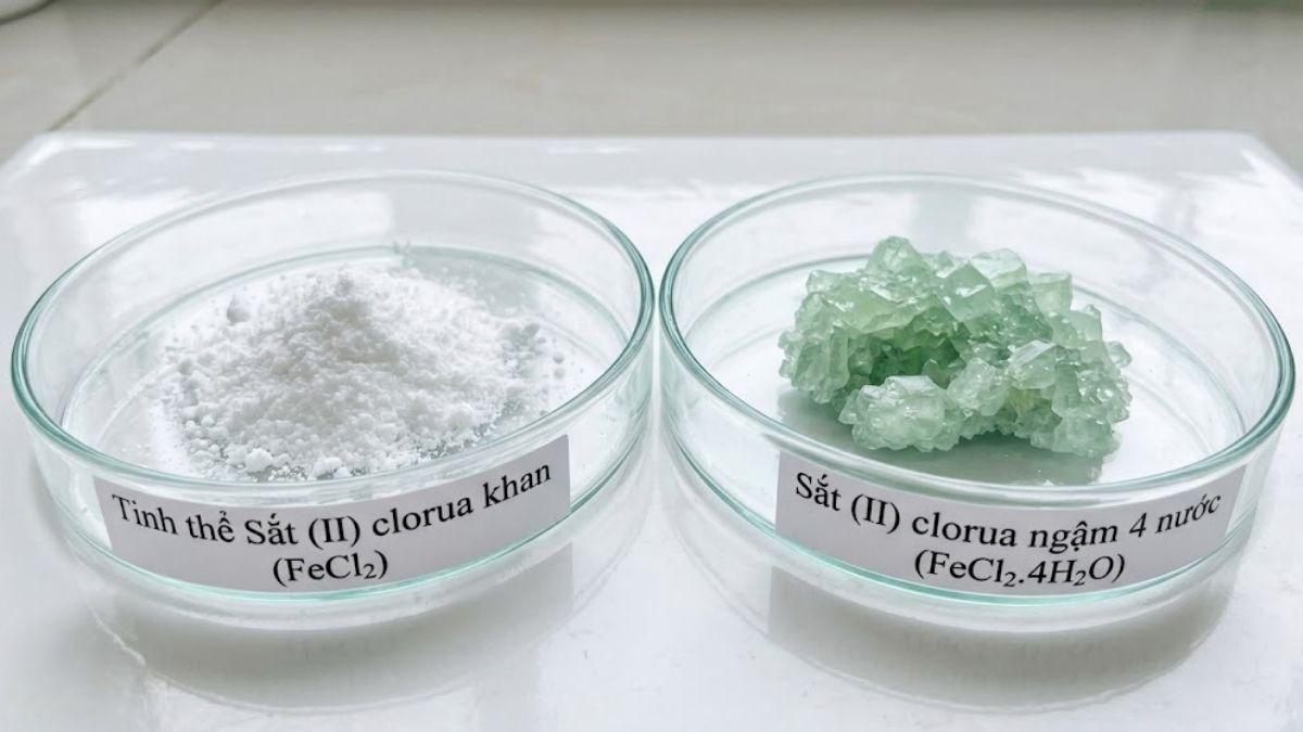 Tinh thể Sắt (II) clorua khan màu trắng bên cạnh dạng ngậm 4 phân tử nước màu xanh lục nhạt tinh khiết