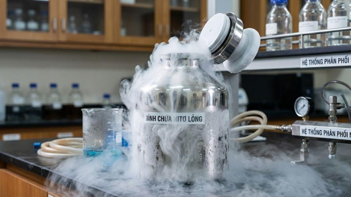 Bình Dewar chứa Nitơ lỏng đang bốc hơi lạnh bề mặt trong môi trường lab
