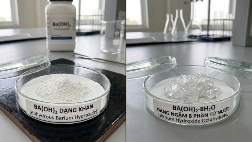 So sánh mẫu hóa chất Ba(OH)2 dạng khan và dạng ngậm 8 phân tử nước Octahydrate