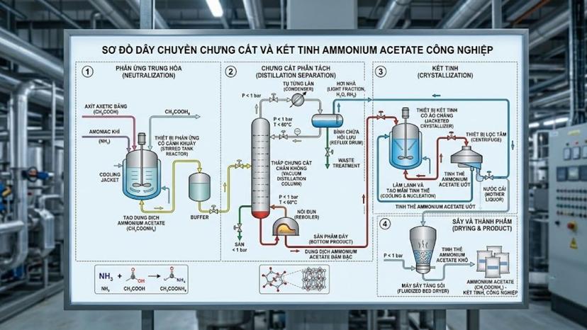 Sơ đồ dây chuyền chưng cất và kết tinh Ammonium acetate công nghiệp
