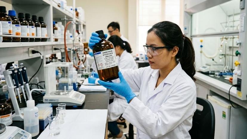 Kiểm tra dung dịch Amoni Hydroxit tinh khiết trong chai thủy tinh tối màu tại phòng lab