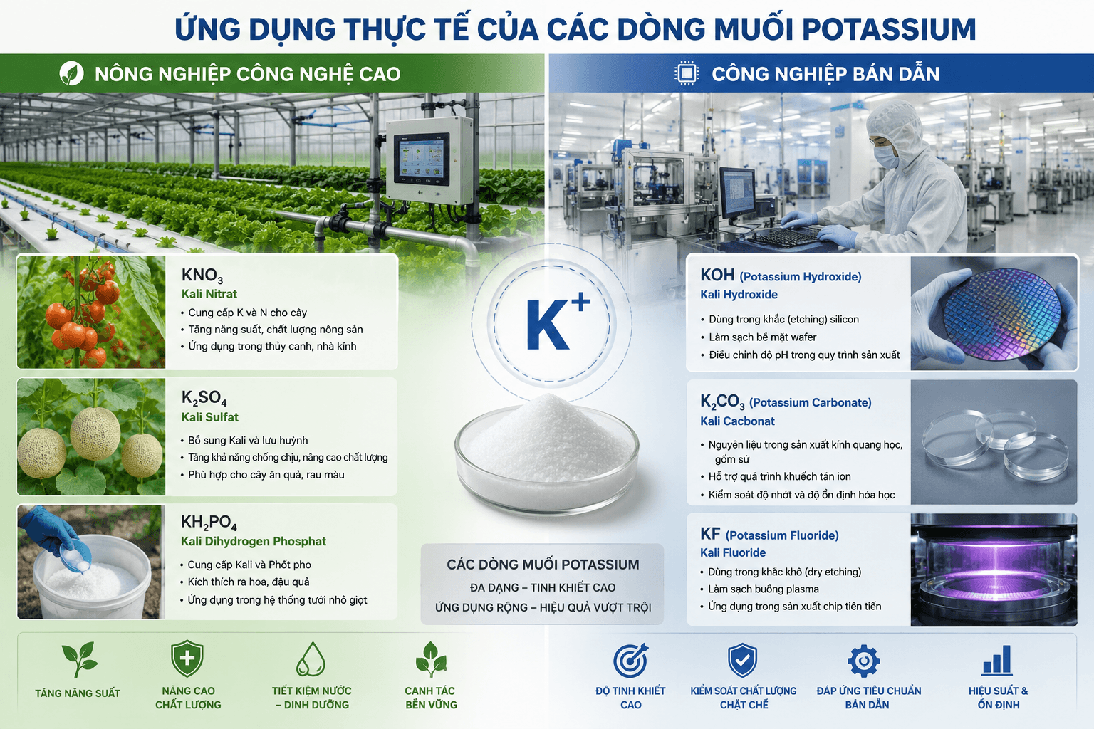 Ứng dụng thực tế của các dòng muối Potassium trong sản xuất nông nghiệp công nghệ cao và công nghiệp bán dẫn