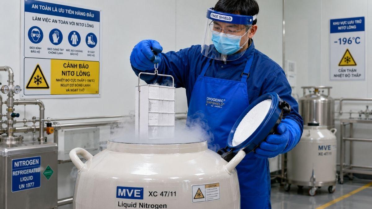 Kỹ thuật viên thao tác với bình Dewar Nitơ lỏng có trang bị PPE đầy đủ