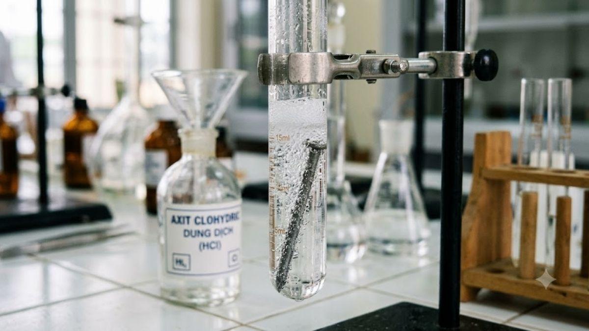Thí nghiệm đinh sắt phản ứng sủi bọt khí trong dung dịch axit HCl