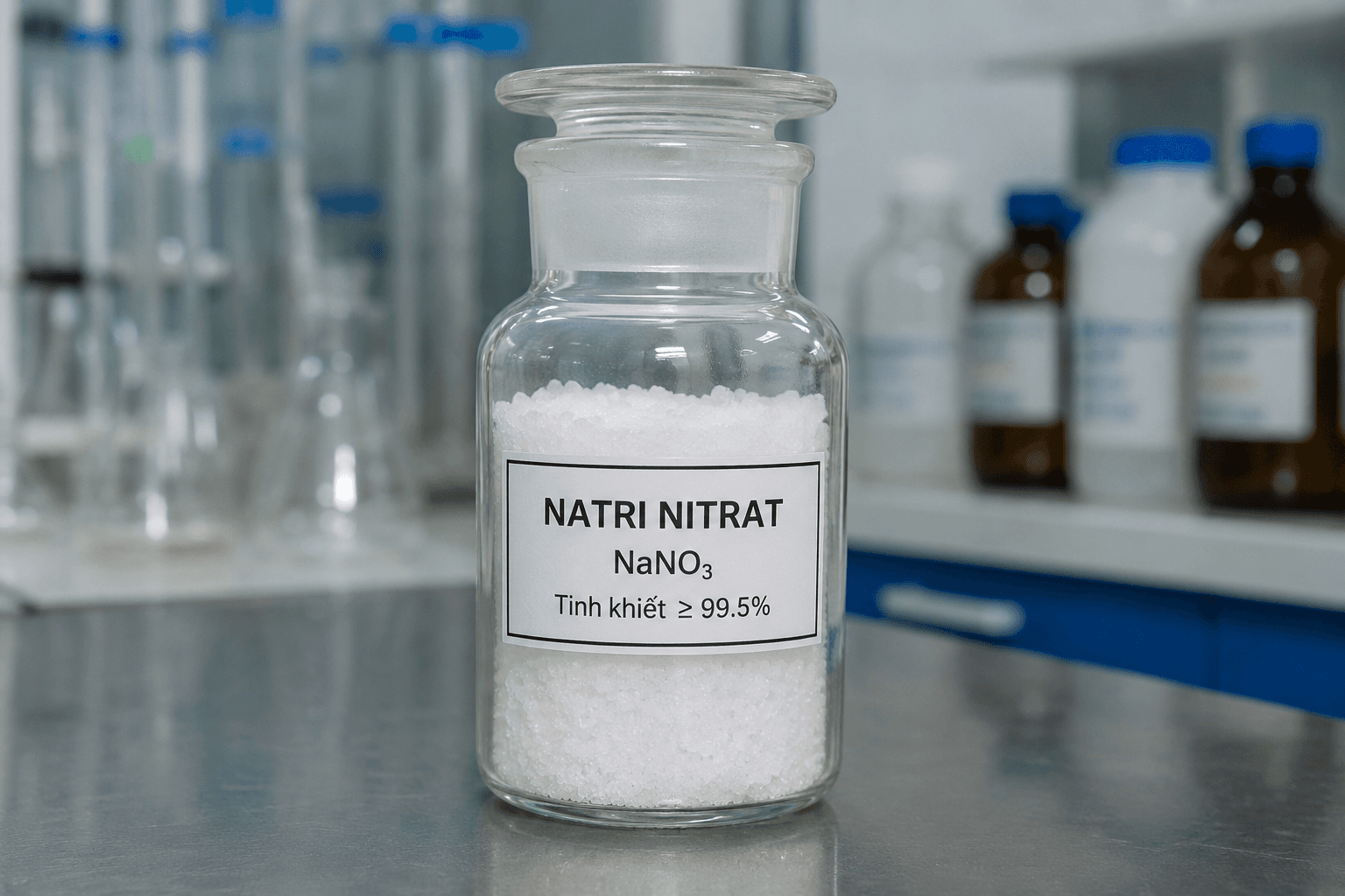 Tinh thể Natri Nitrat tinh khiết màu trắng trong lọ thủy tinh phòng thí nghiệm
