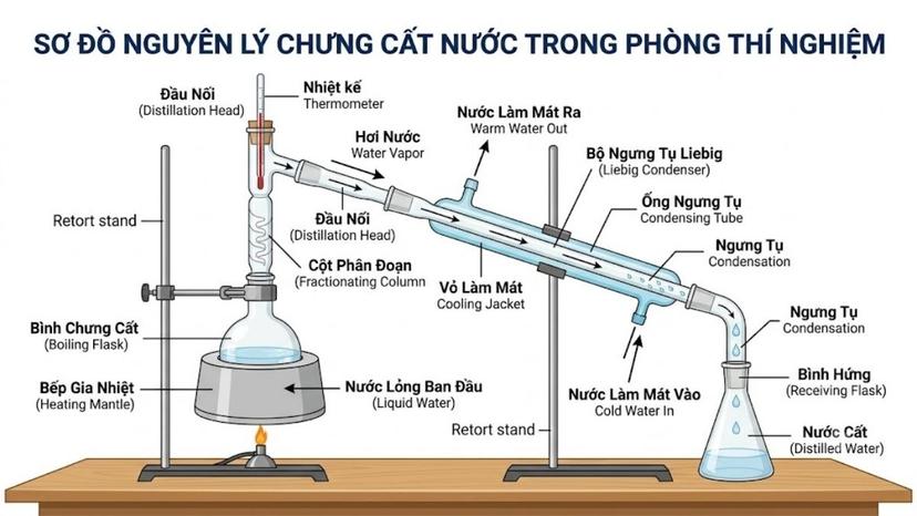 Sơ đồ nguyên lý chưng cất nước trong phòng thí nghiệm từ trạng thái lỏng sang hơi rồi ngưng tụ